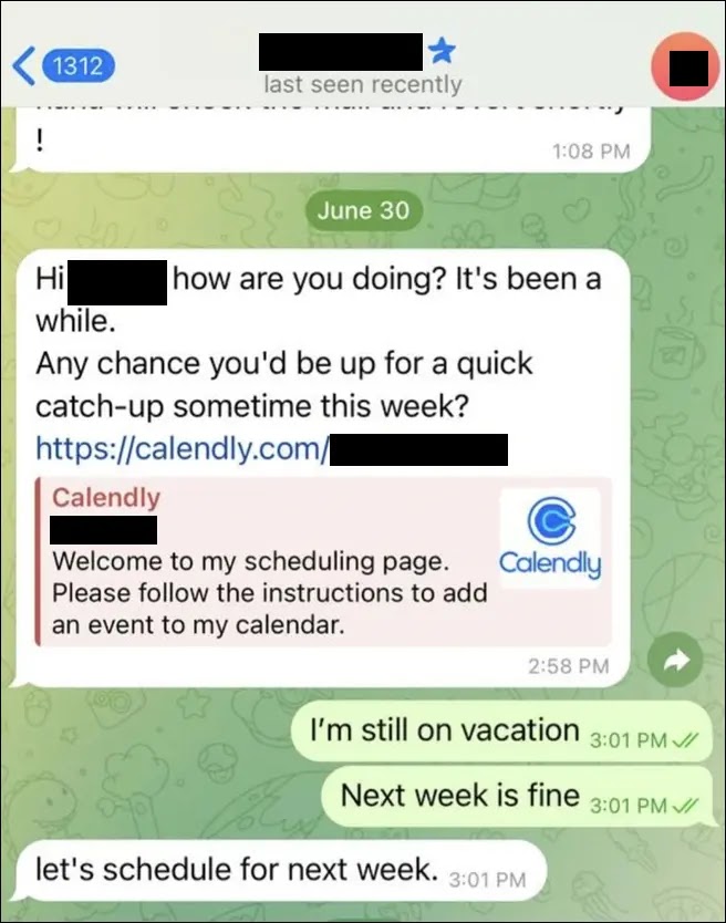 DM screenshot showing a compromised Telegram account impersonating a previous victim (Source - Arctic Wolf)