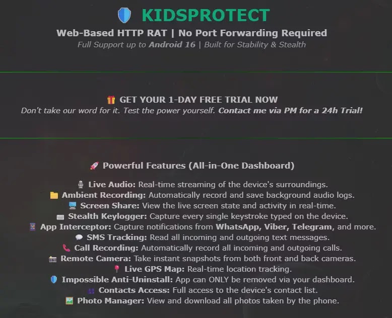 KidsProtect's Features Listed on a Hacking Forum (Source - Certo)