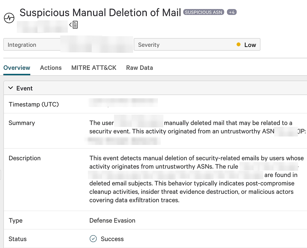 This Falcon Shield detection identifies manual deletion of security-related emails by users (Source: Crowdstrike)
