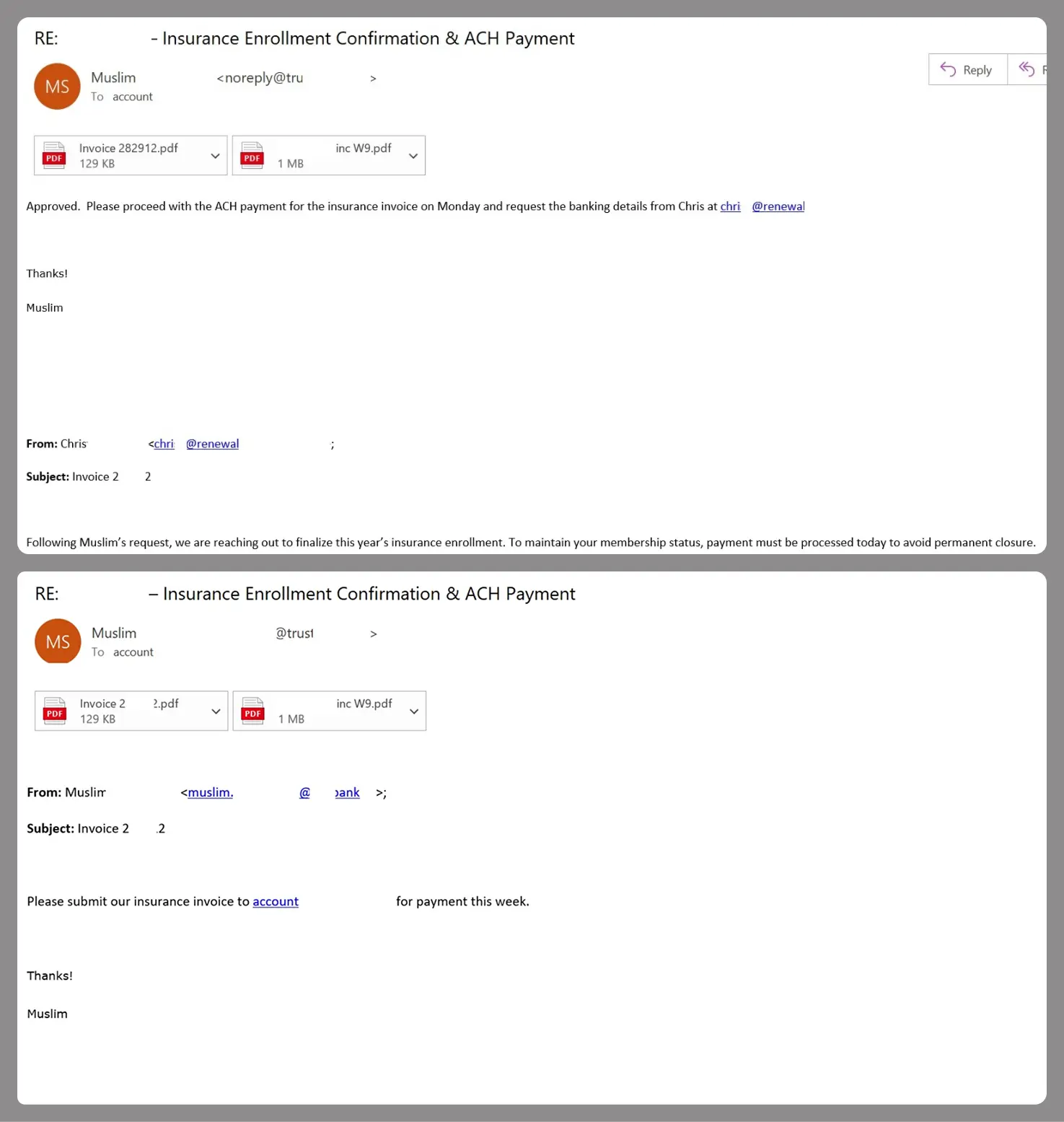 BEC email featuring a fake conversation between an employee and a vendor (Source - Securelist)