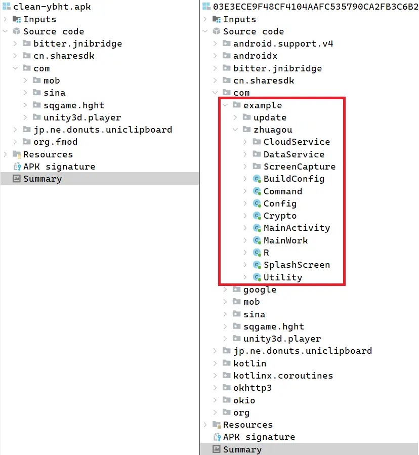 Package tree of the legitimate game (left) and its trojanized version (right) (Source - Welivesecurity)