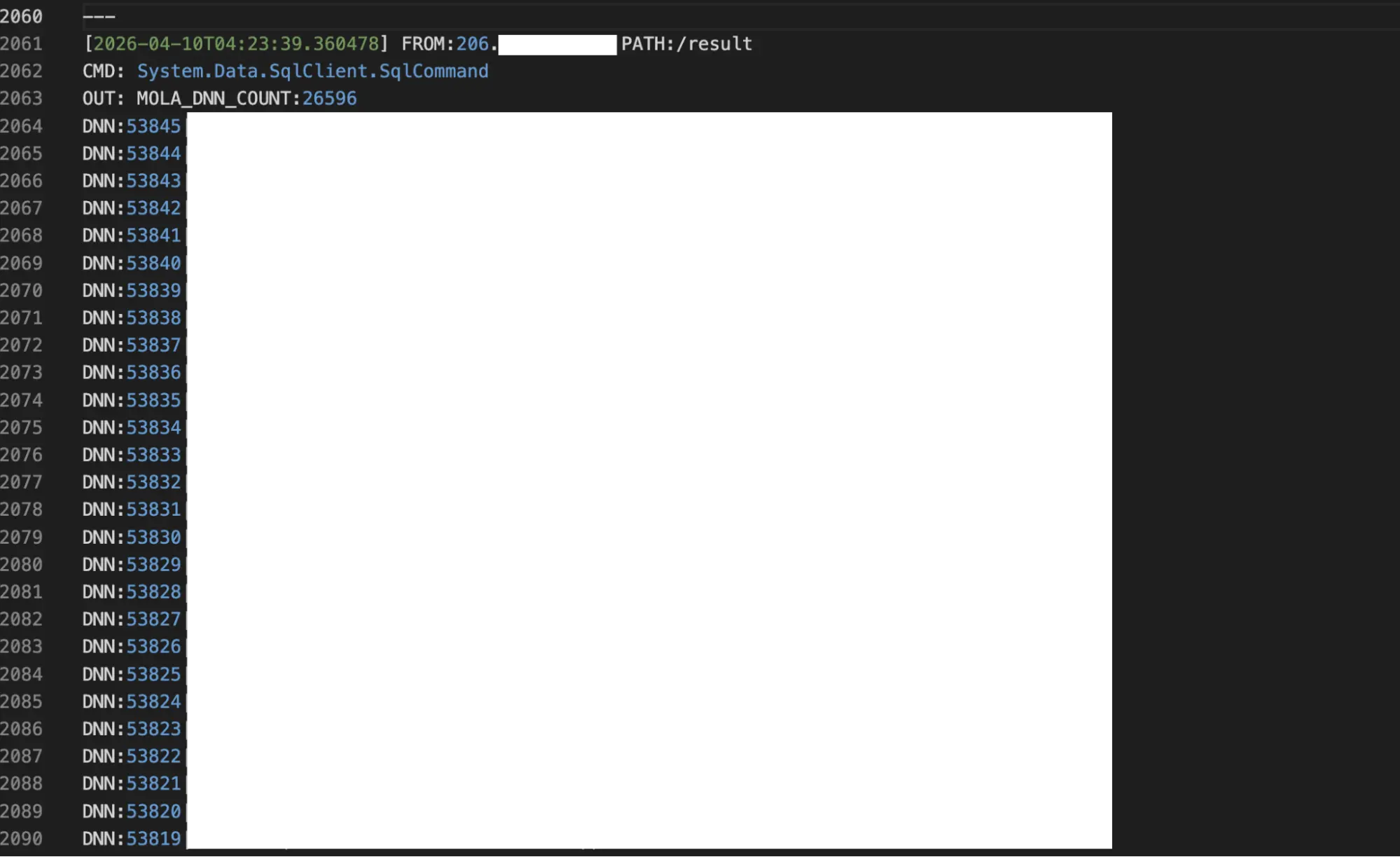 Snippet of the C2 logs showing 26,596 MJLA user records extracted from the compromised system (Source - Hunt.io)