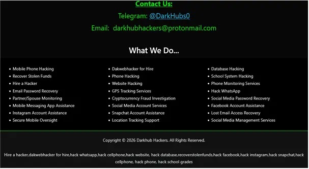 Service listing and contact information of the Darkhub site (Source - Oasis Security)