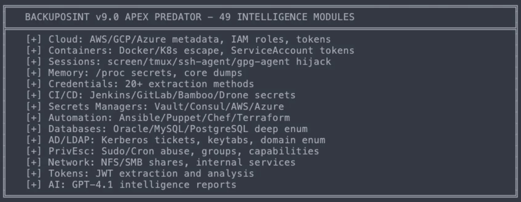 BACKUPOSINT.py Framework module overview showing capabilities across cloud, containers, credentials, databases, Active Directory, and network enumeration (Source - Dragos)