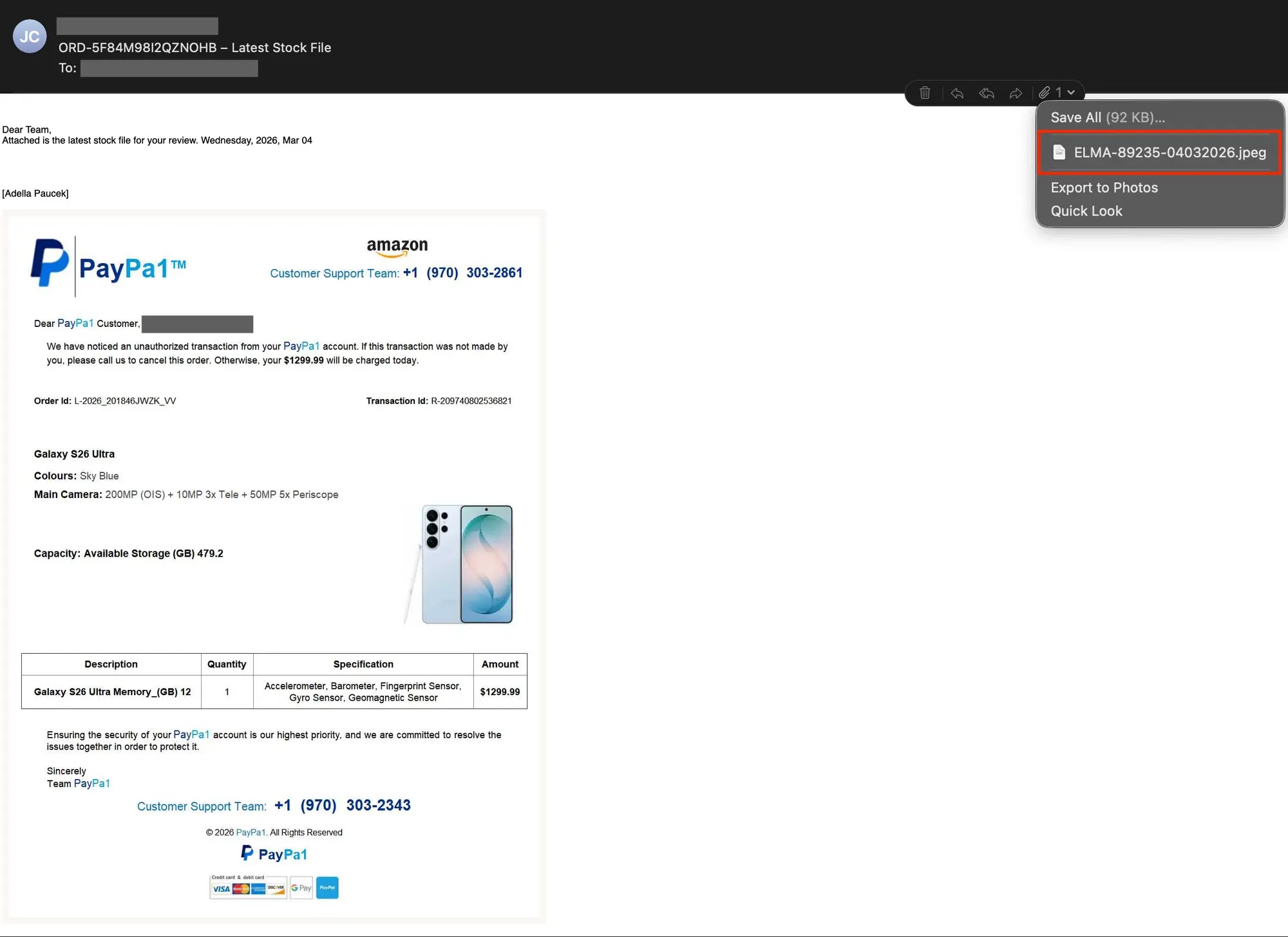 Two scam emails with different attachment file types that contain the same phone number while impersonating the same brand (Source - Cisco Talos)