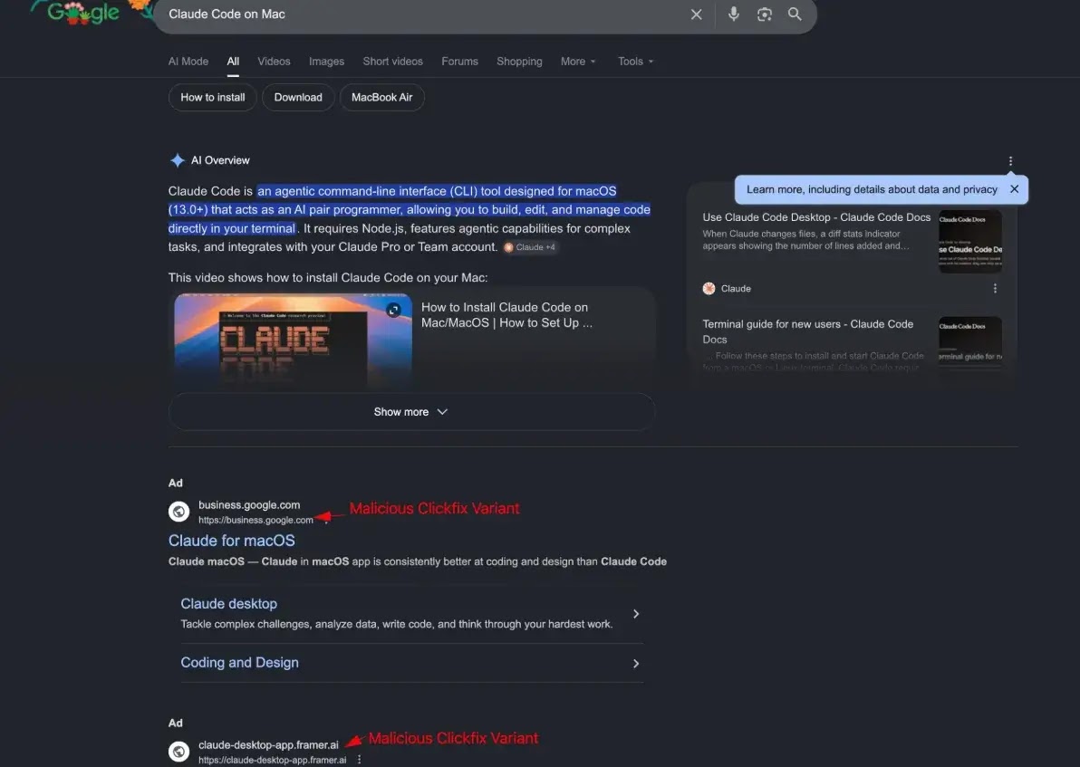 Search ads redirect users to malicious sites delivering MacSync ClickFix payloads(source : x)
