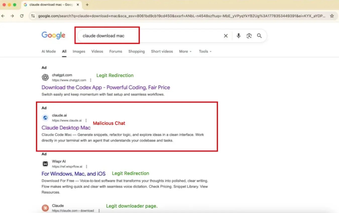 Google Ads and Claude.ai chats spread fake MacSync installers(source :x)