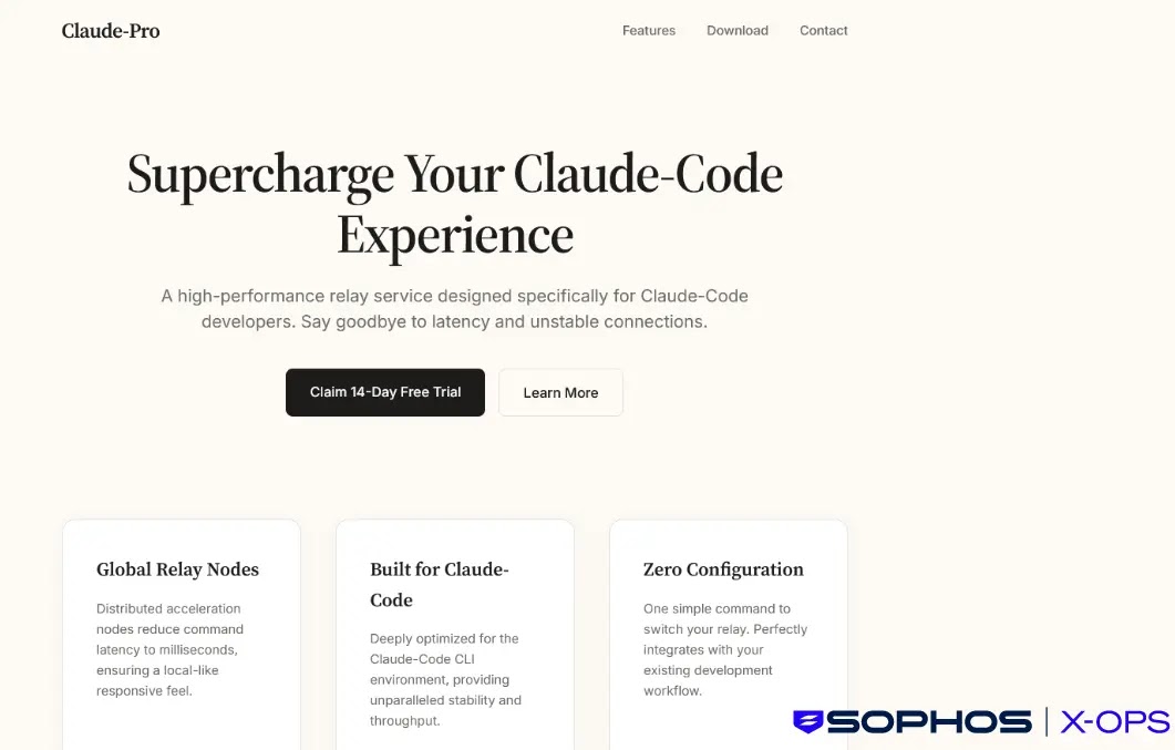 The claude-pro[.]com front page (Source - Sophos)