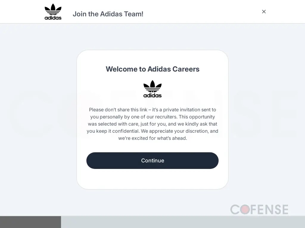 Fake Adidas Careers page created using Vercel from ATR 403225 (Source - Cofense)