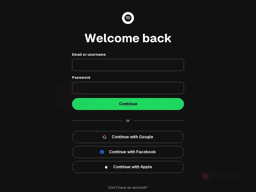 Example of a Spotify spoofing web page created using Vercel (Source - Cofense)