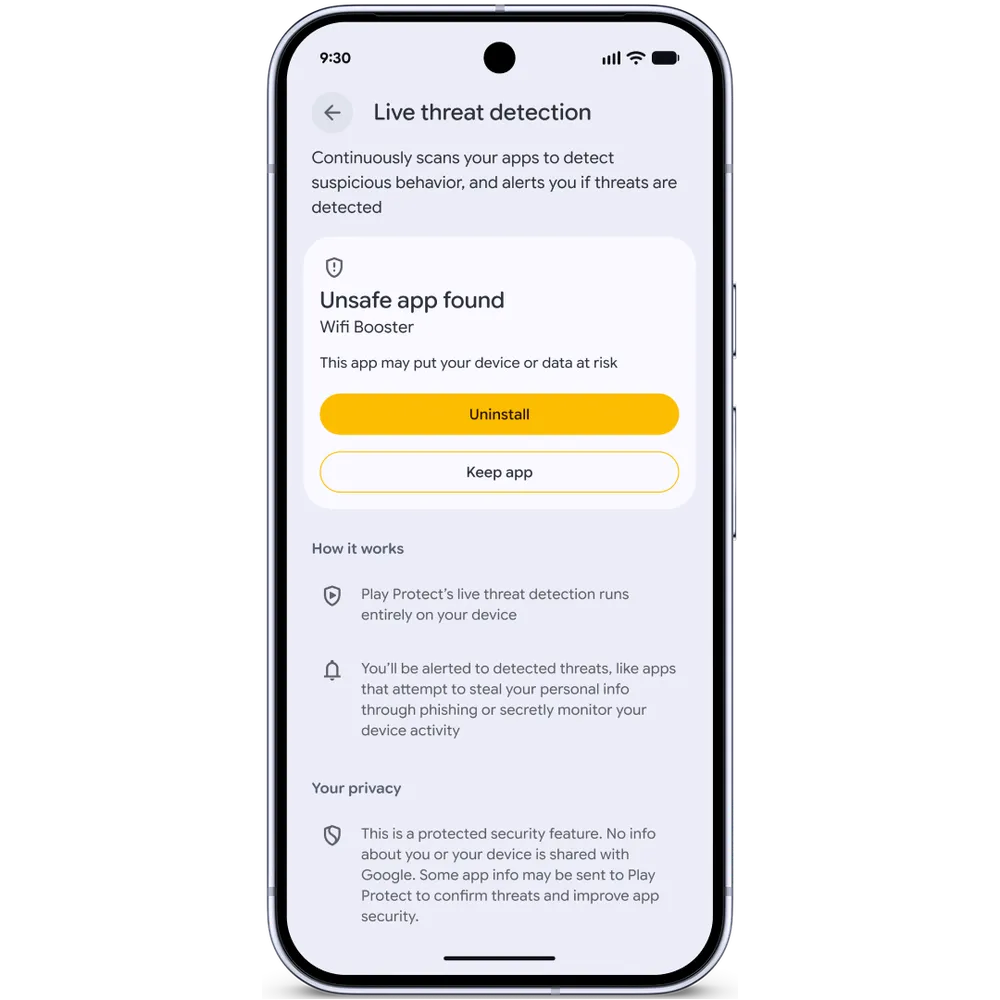 Live threat detection can notify you that an unsafe app was found (Source - Google)