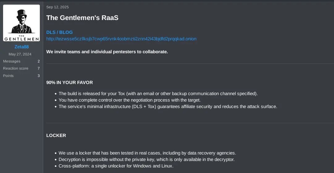 Zeta88 advertising The Gentlemen’s RaaS (Source - Check Point)