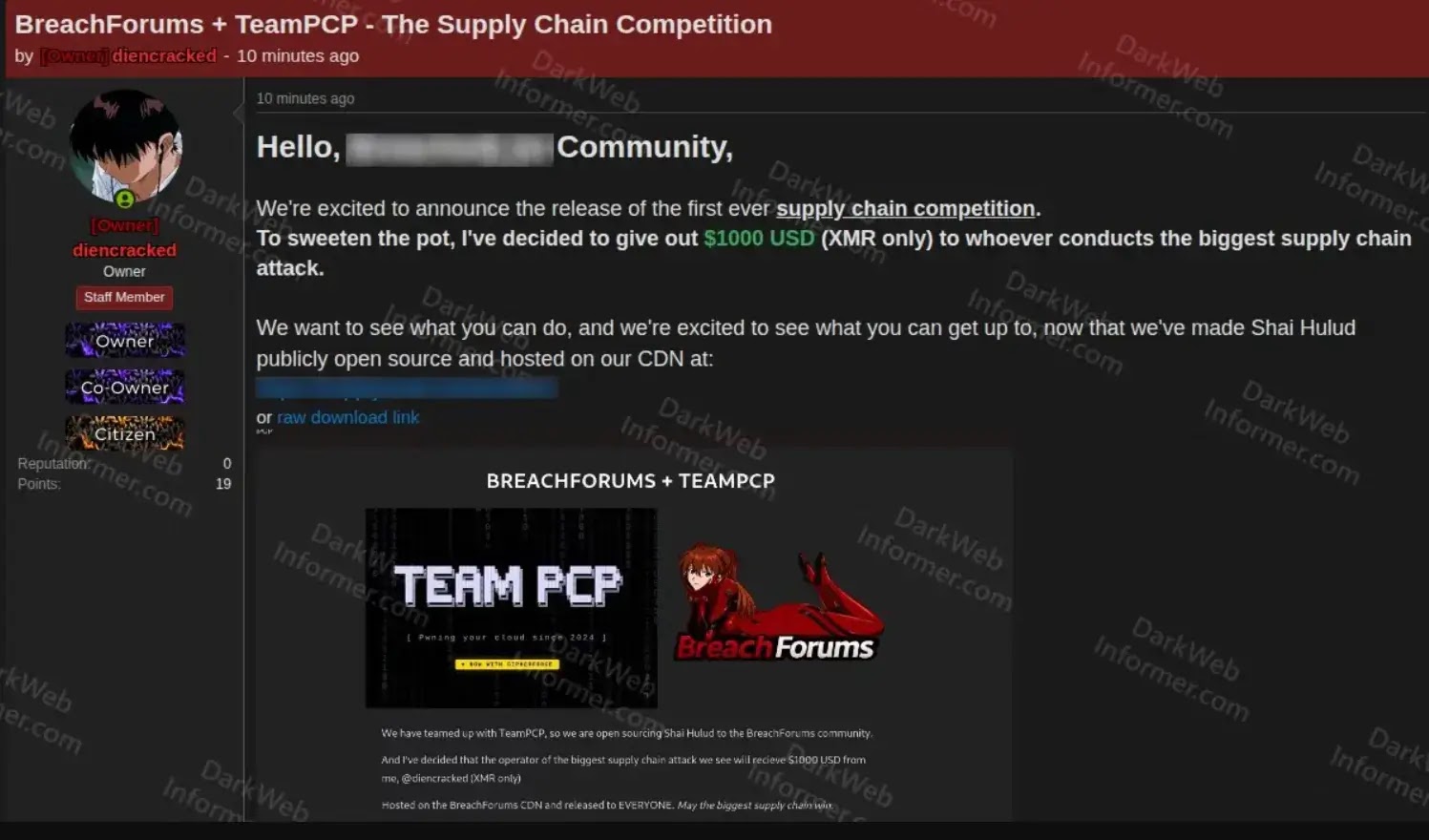 BreachForums announced the contest alongside TeamPCP (source : socket)