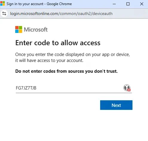 Microsoft deviceauth page with code FG7JZ7TJB (Source - eSentire)
