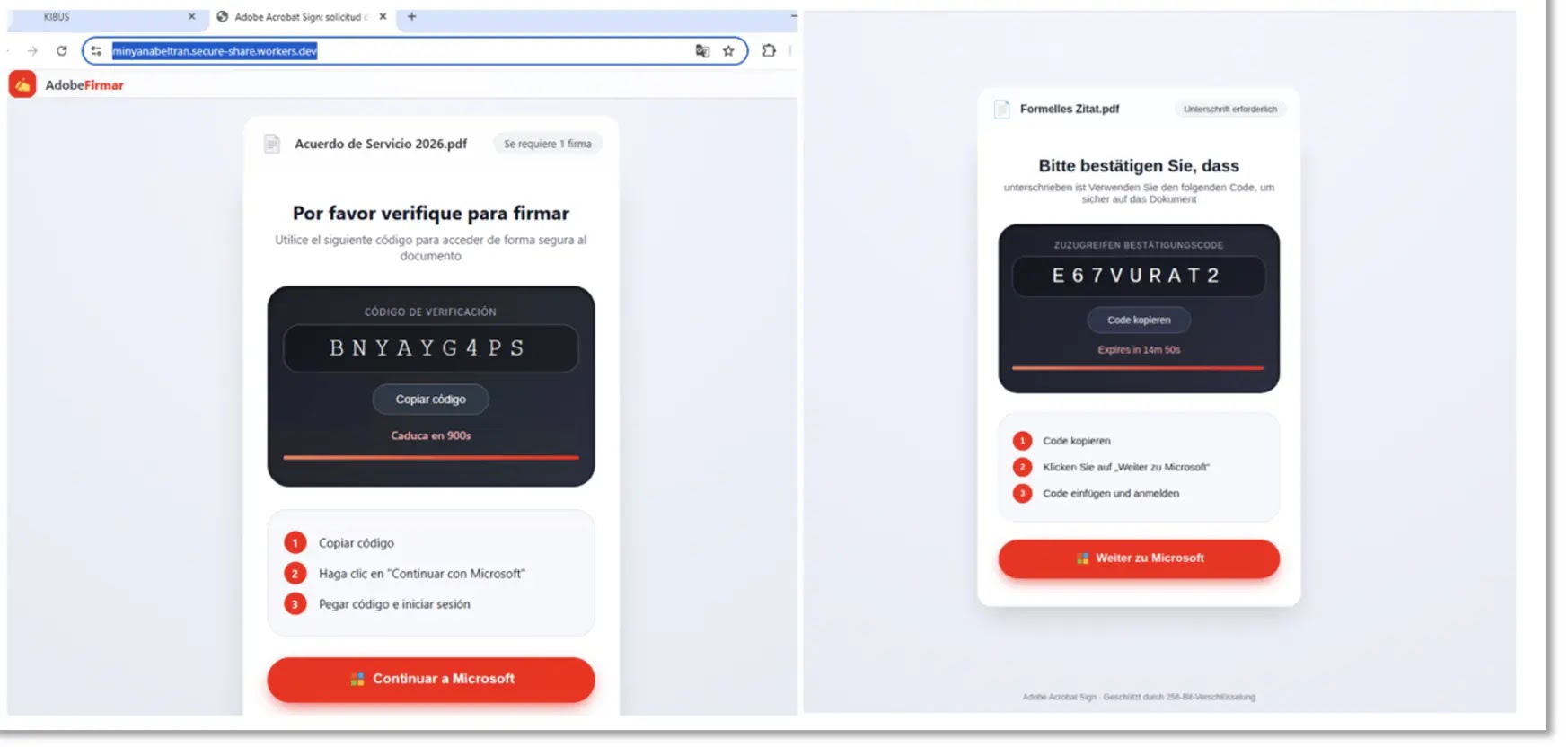 Device code phishing landing pages in Spanish (left) and German (right) (Source - Proofpoint)