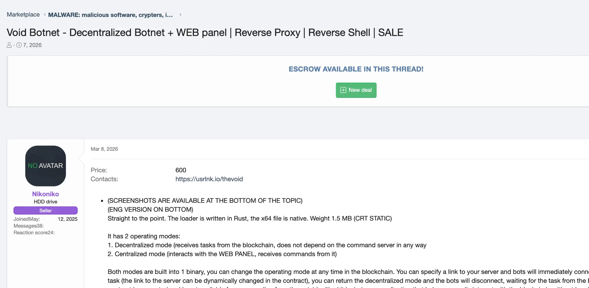 The Void Botnet listing as advertised on a Russian-language cybercrime forum (Source - Qrator Labs)