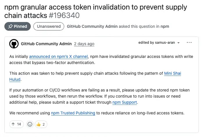 npm granular access token invalidation (Source - Socket.dev)