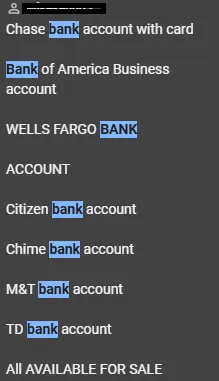 User in a Telegram channel offering bank accounts from various U.S. banks (Source - Kela)