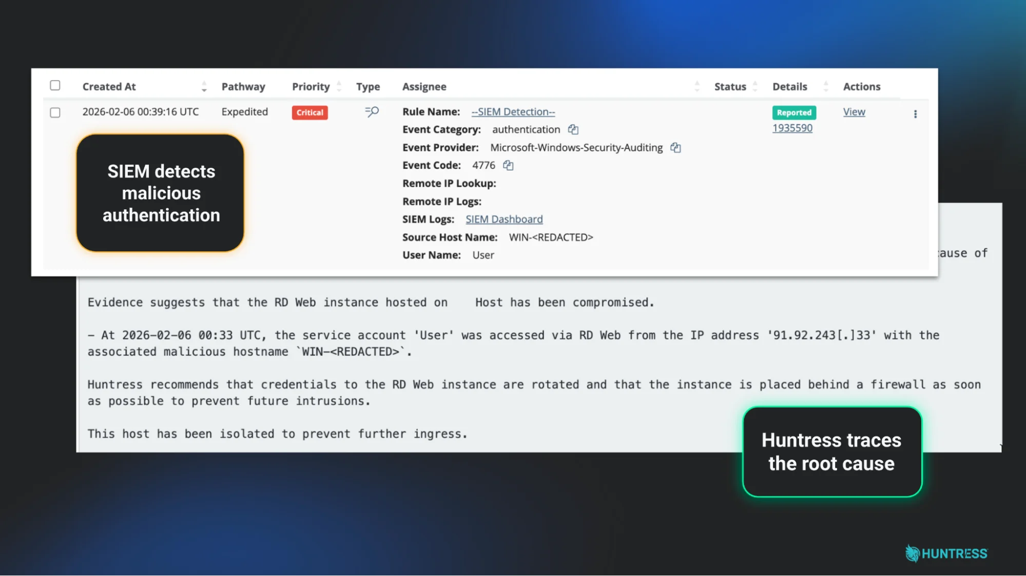 Huntress Incident Report Exposing a Compromised RDP Server (Source - Huntress)