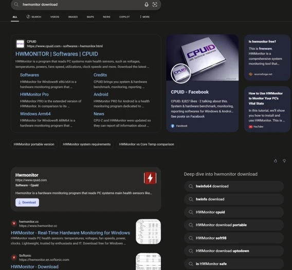 Search engine results showing a malicious source of hwmonitor (Source - Microsoft)