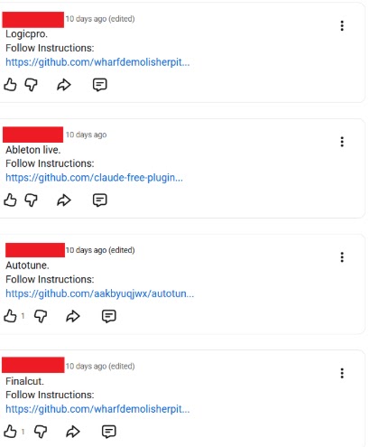 YouTube posts linking to the malicious GitHub repositories (Source - Malwarebytes)