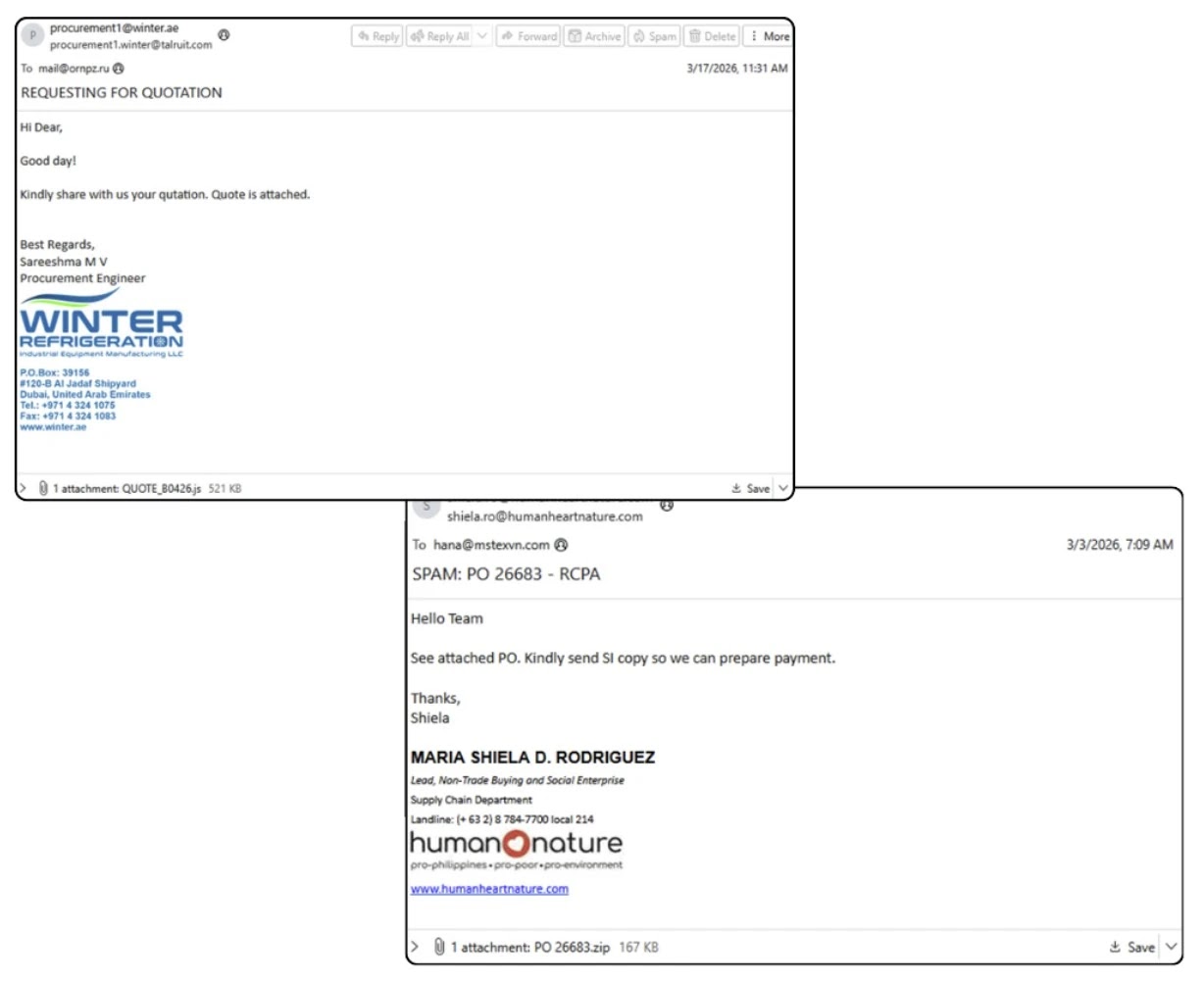 Two phishing emails from the campaigns launched throughout March 2026 (Source - Intrinsec)