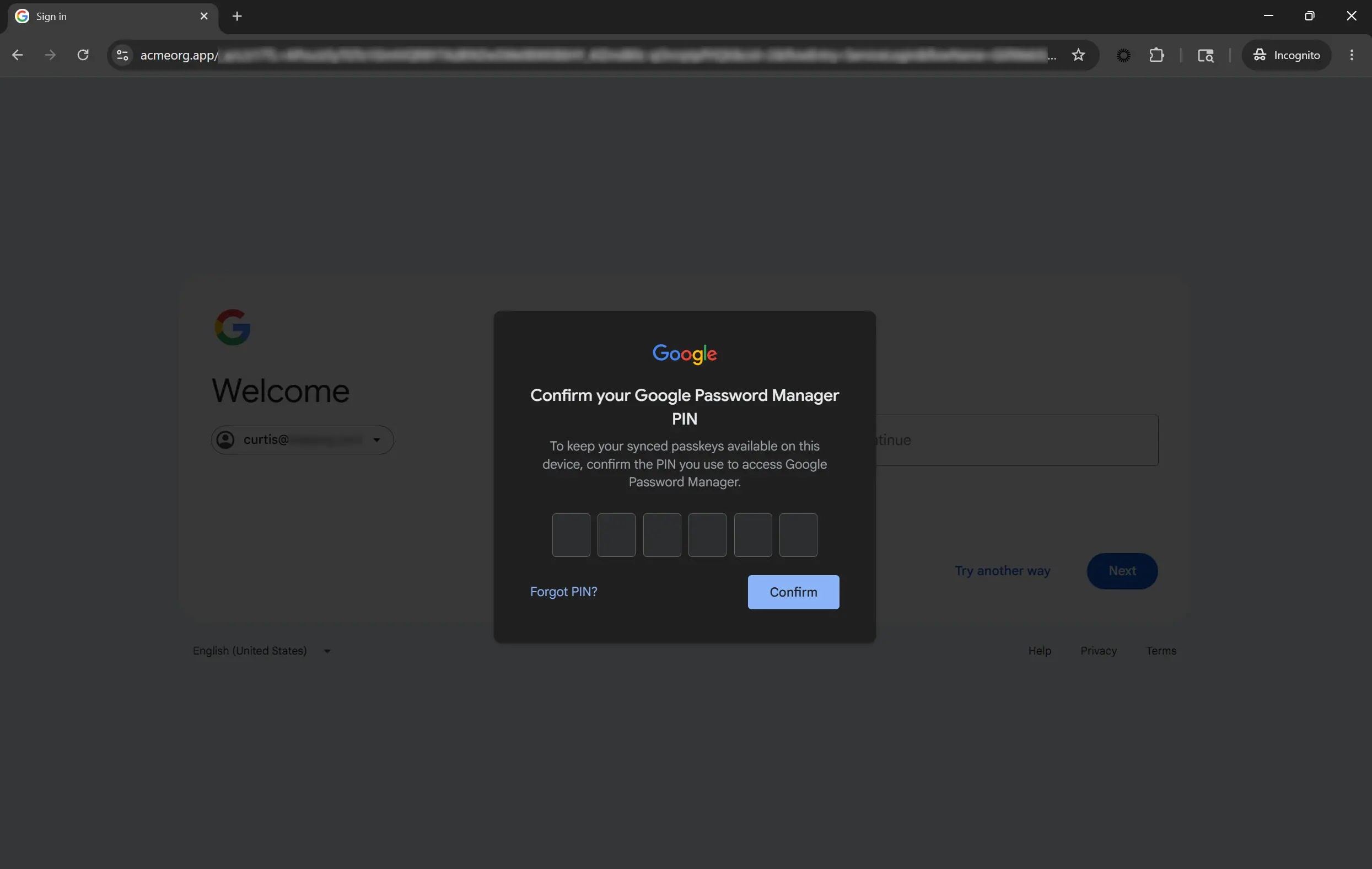 Google Password Manager PIN Prompt Page (Source - Phishu)