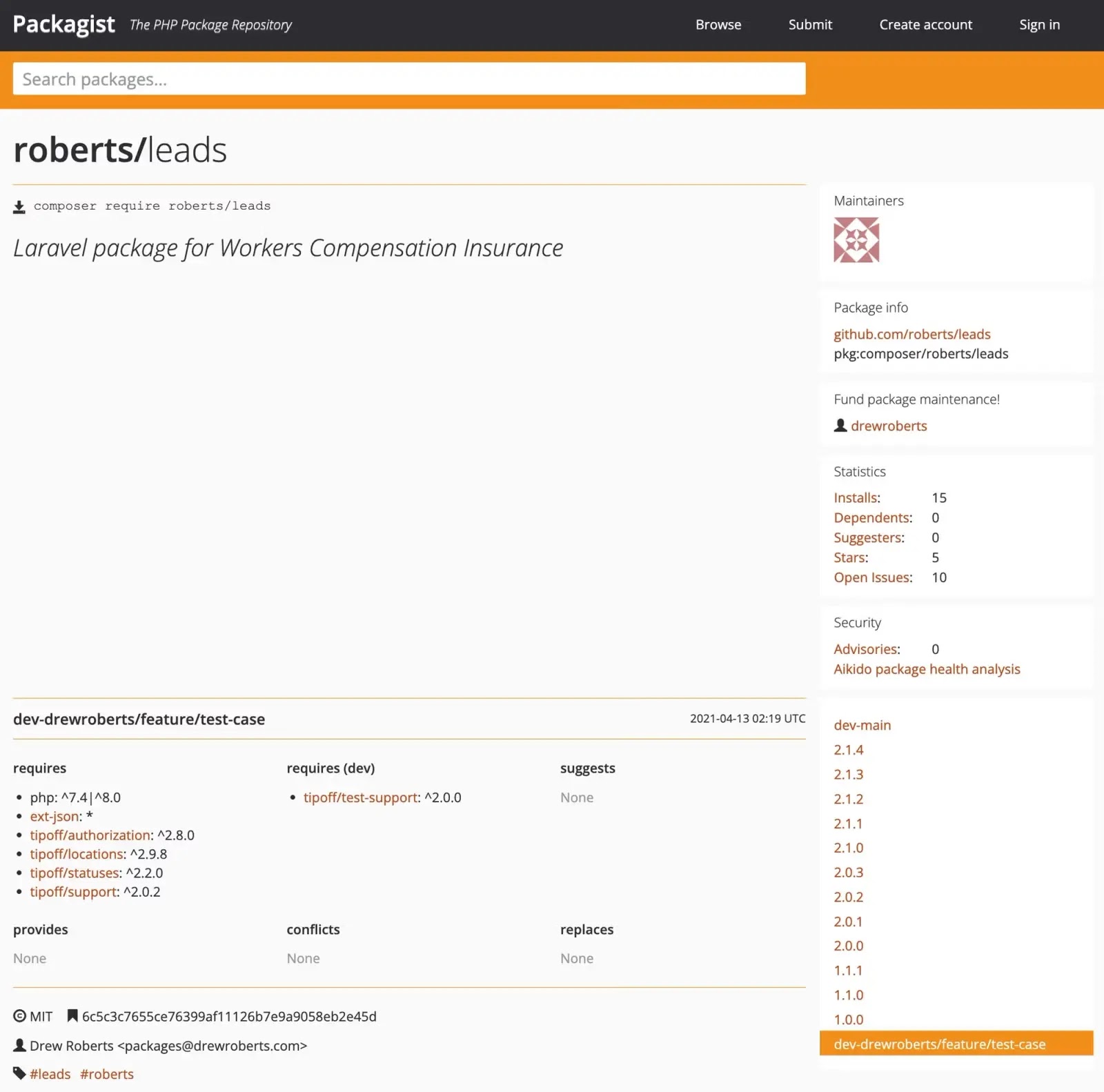 Packagist listed the affected roberts - leads dev branch as an installable version (Source - Socket.dev)