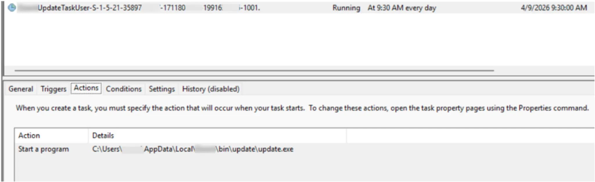 Task Scheduler window showing the associated scheduled task (Source - Unit42)