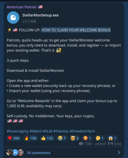 (top) The fake wallet was forwarded from a channel impersonating Donald J. Trump, (bottom) The attached executable is in fact a remote-access Trojan (Source - Trend Micro)