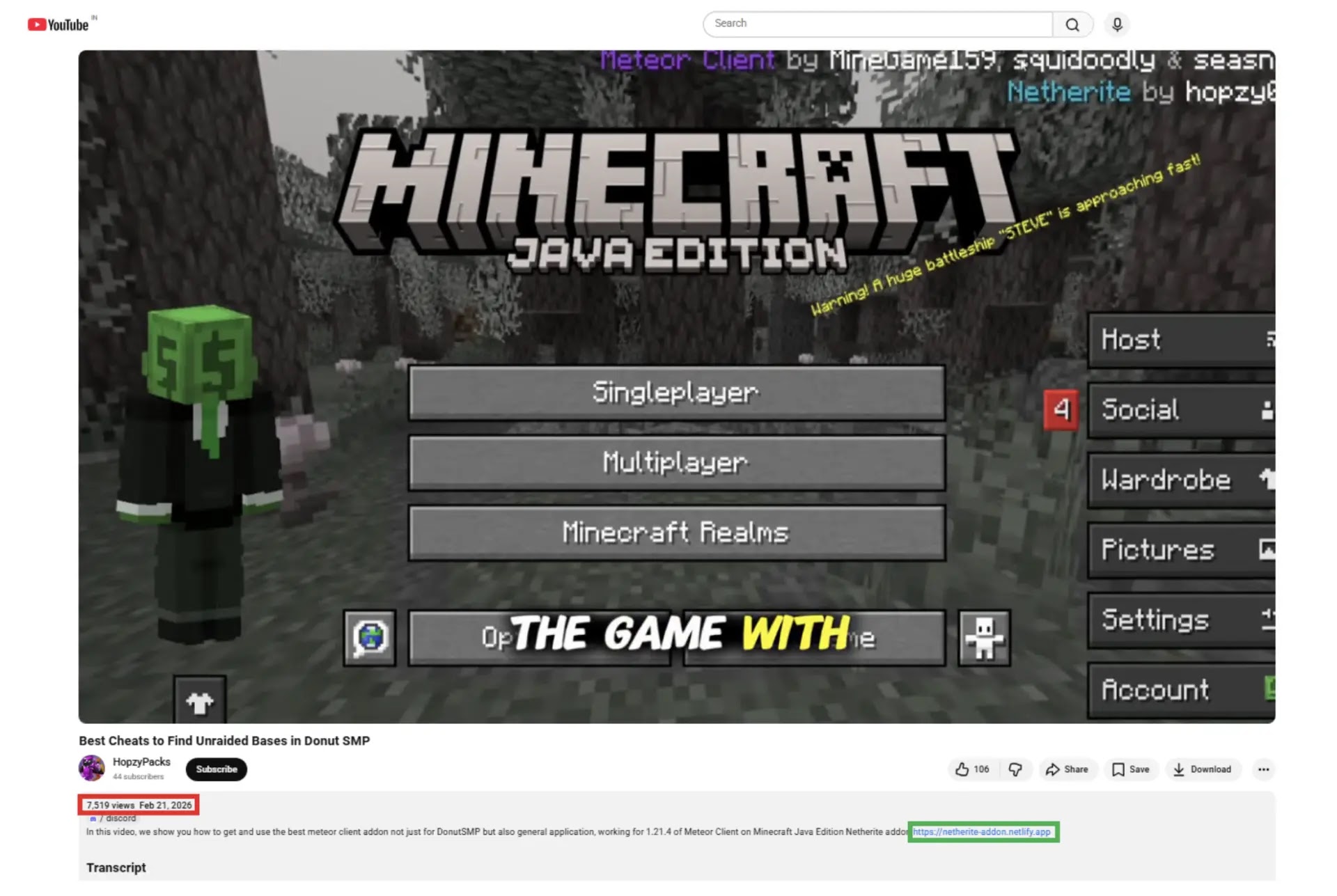 YouTube video promoting malicious Minecraft Mods (Source - McAfee)