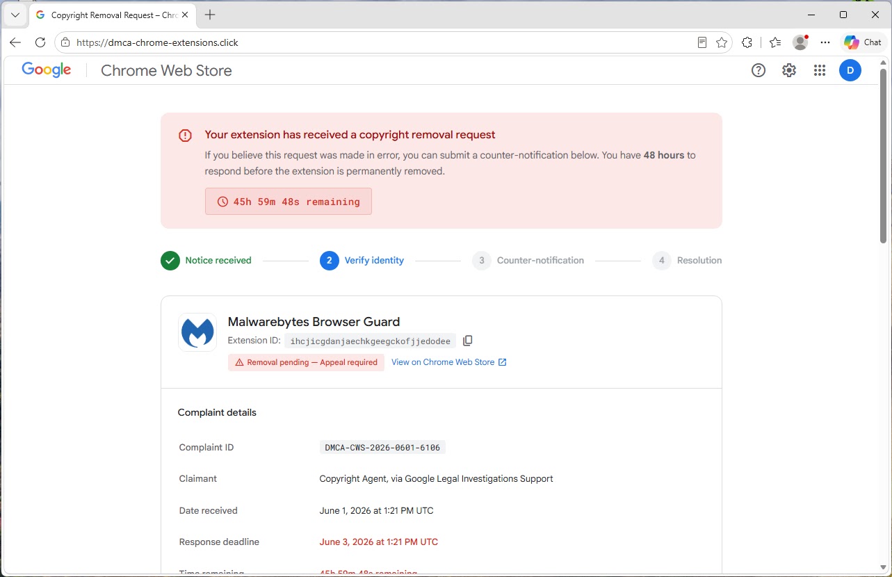 Chrome Web Store listing alongside the fake complaint (Source - Malwarebytes)