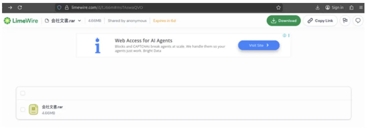 LimeWire hosting RomulusLoader payload (Source - Proofpoint)