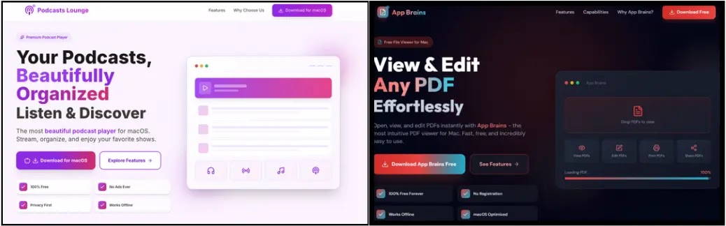 PodcastsLounge delivery website (left) and PDF-Brain delivery website (right) (Source - Unit42)