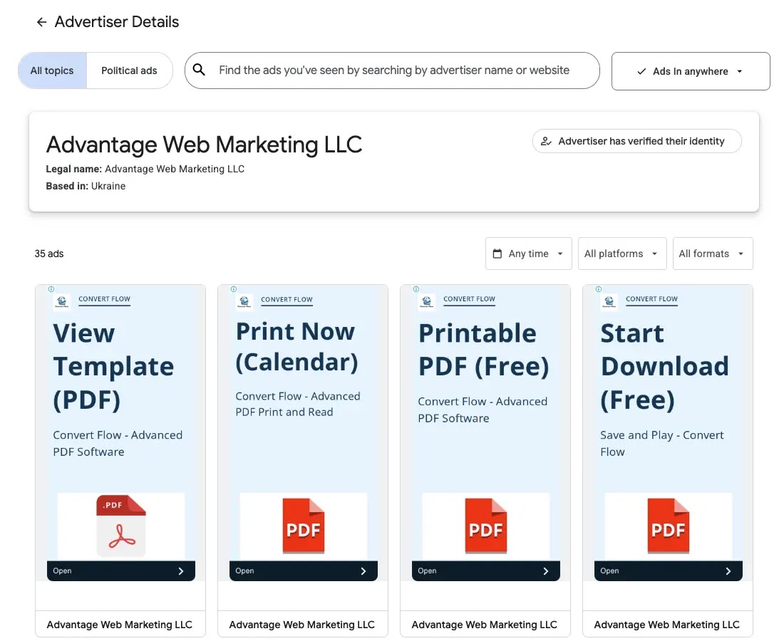 Tracking Advantage Web Marketing LLC advertisements in Google Ads Transparency Center (Source - Unit42)