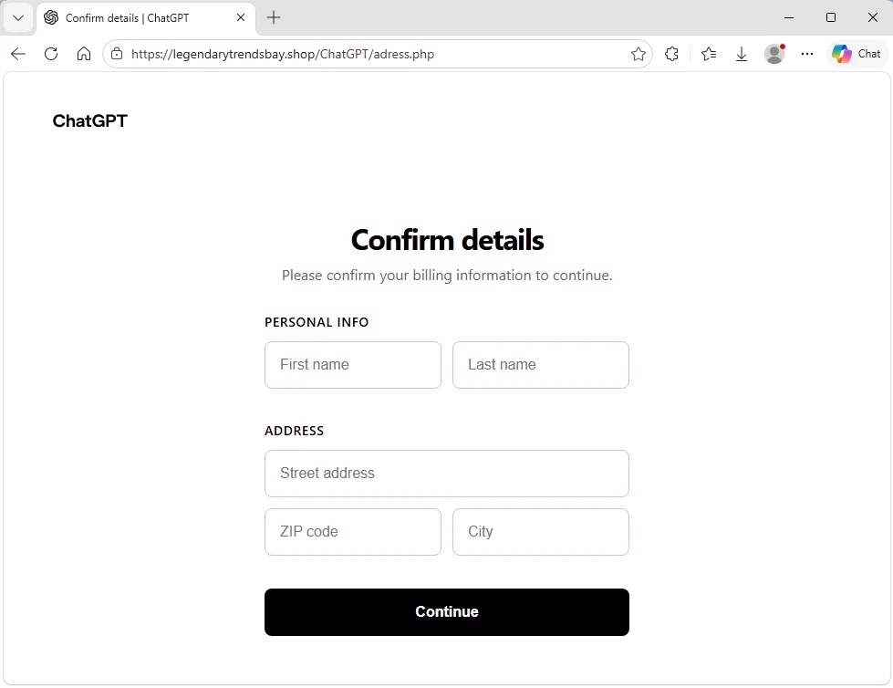 Phishing landing page collecting name and address (Source - Microsoft)
