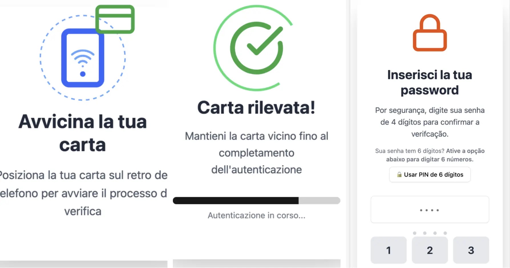 Fake card-verification screen asking the victim to bring the card close to the phone (Source - d3Lab)