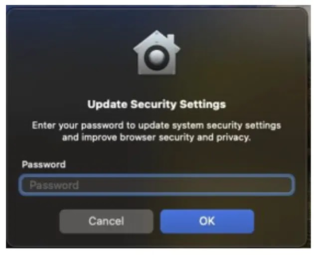 darwin-password-prompt app showing the fake prompt (Source - Proofpoint)