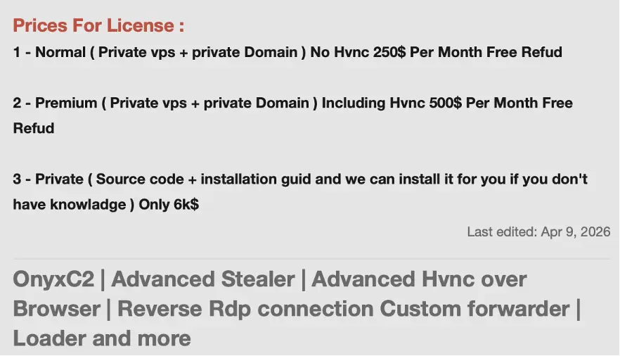 OnyxC2 license tiers and pricing (Source - Blackfog)