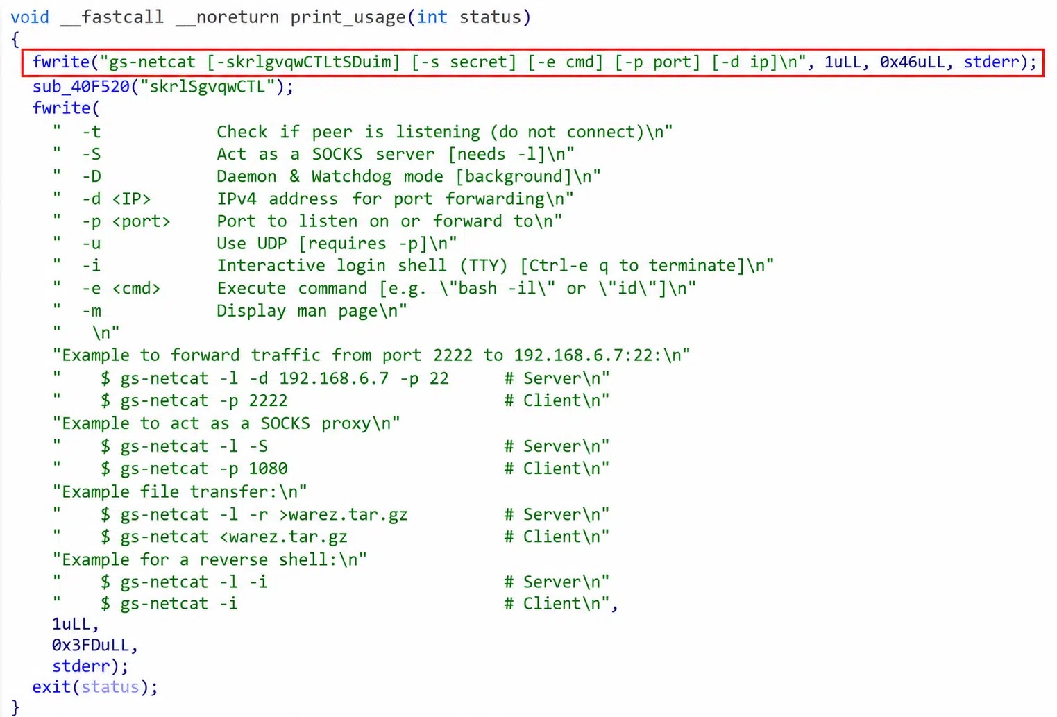 Snippet from IDA showing the usage of GS-Netcat (Source - Sygnia)