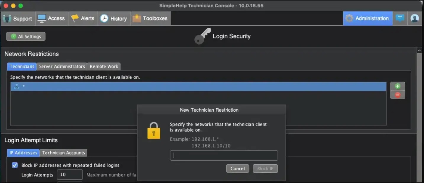 SimpleHelp offers optional settings to enhance Technician login security( source : horizon3.ai)