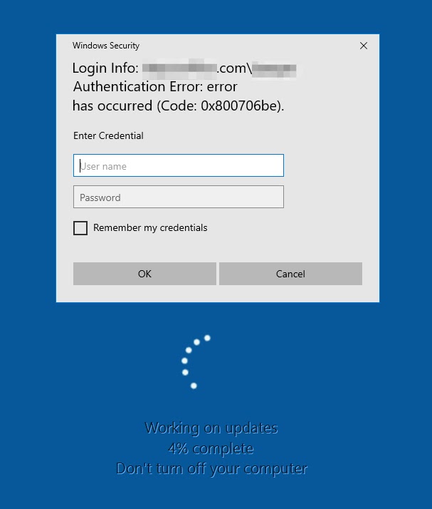 Fake update prompting for credentials at 4% completion (Source - IBM)