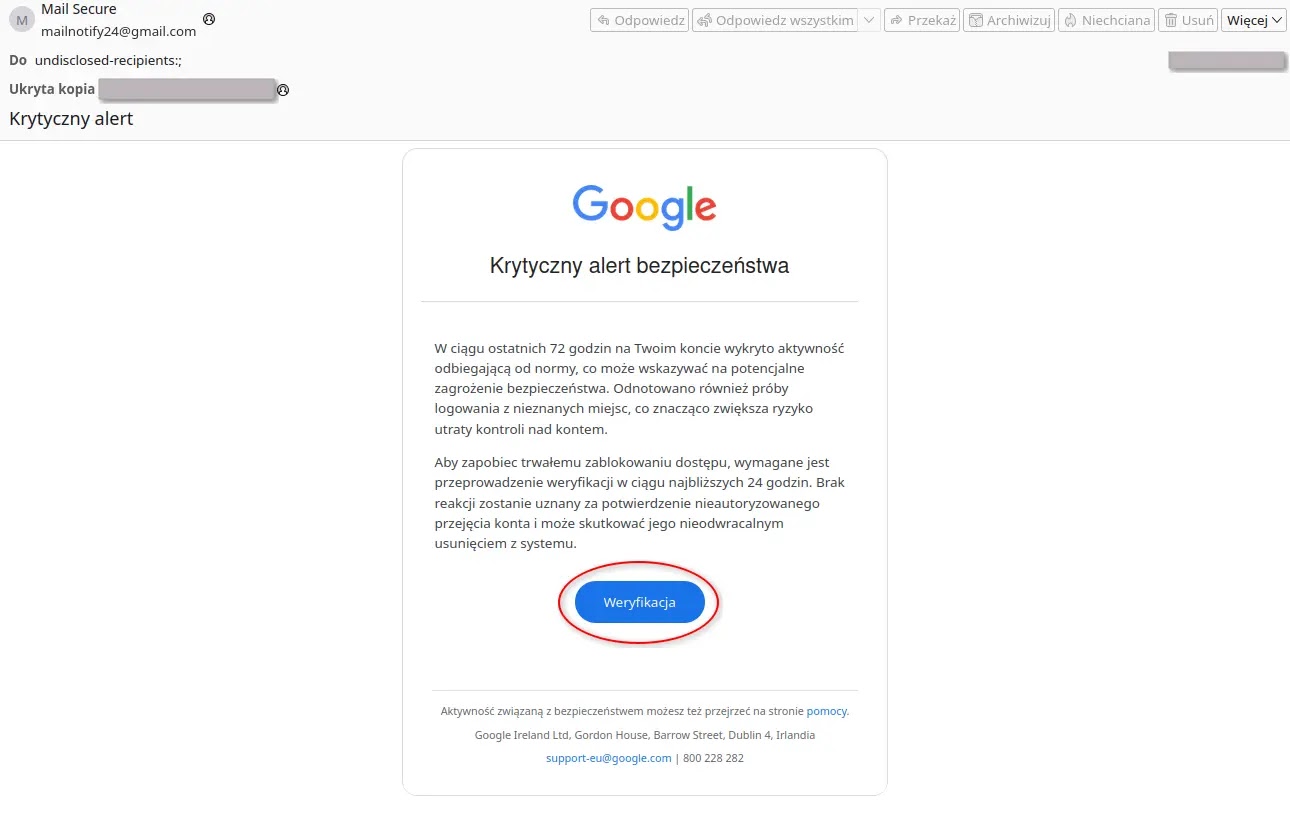 Message sent using BCC mechanism (Source - Cert.PL)